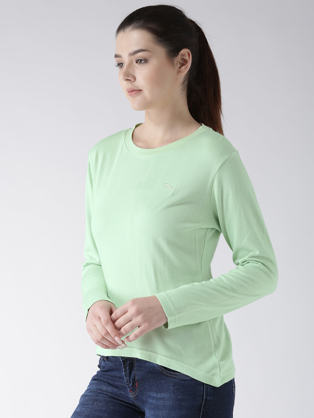 Women Teal Solid Round Neck T-shirt - JUMP USA