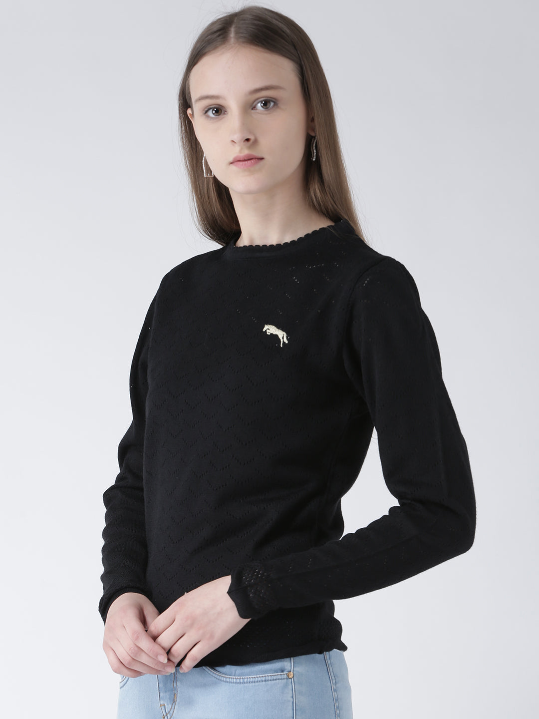 Women Black Self Design Pullover - JUMP USA