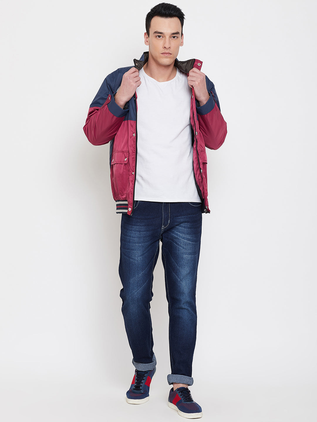 JUMP USA Men Navy Blue Colourblocked Casual Open Front Jacket - JUMP USA