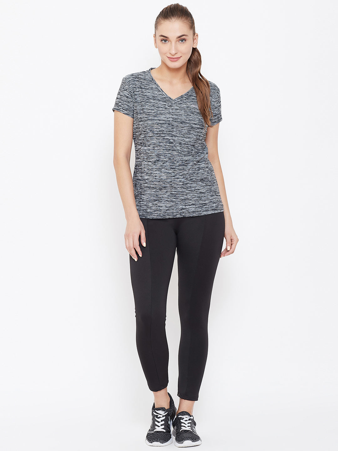 Women Black Solid Active Wear V Neck T-shirt - JUMP USA