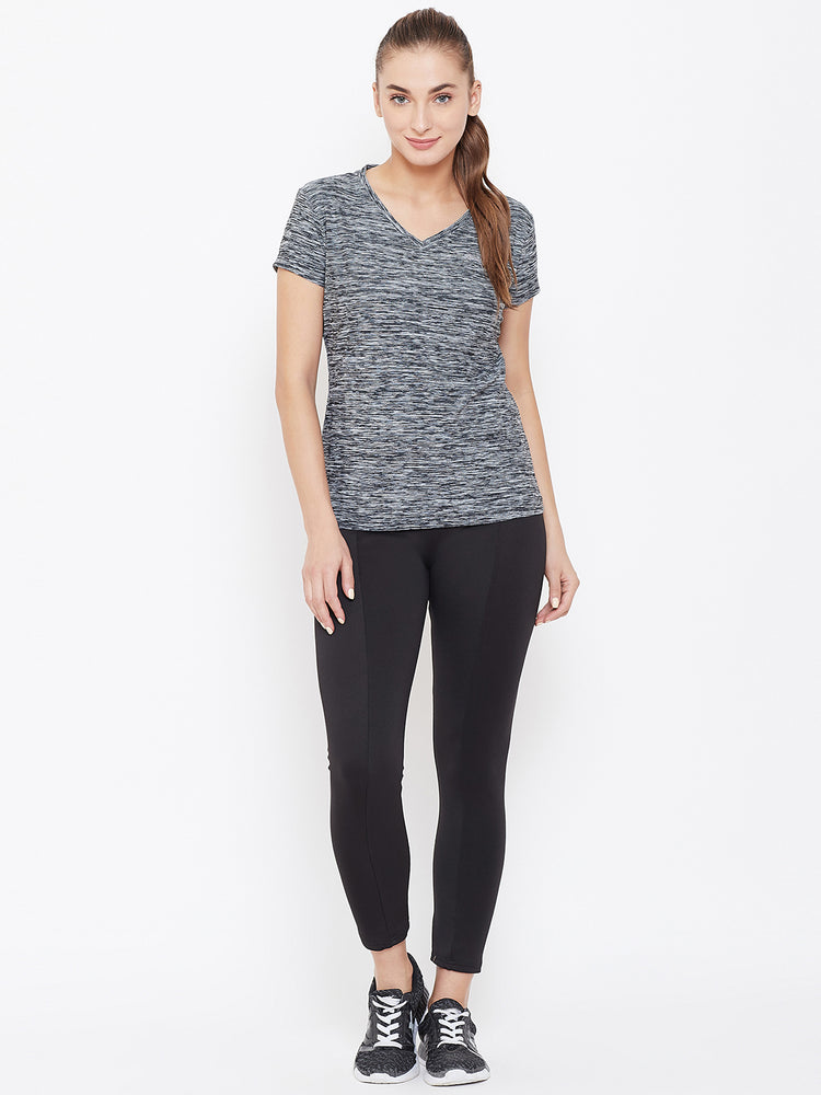 Women Black Solid Active Wear V Neck T-shirt - JUMP USA