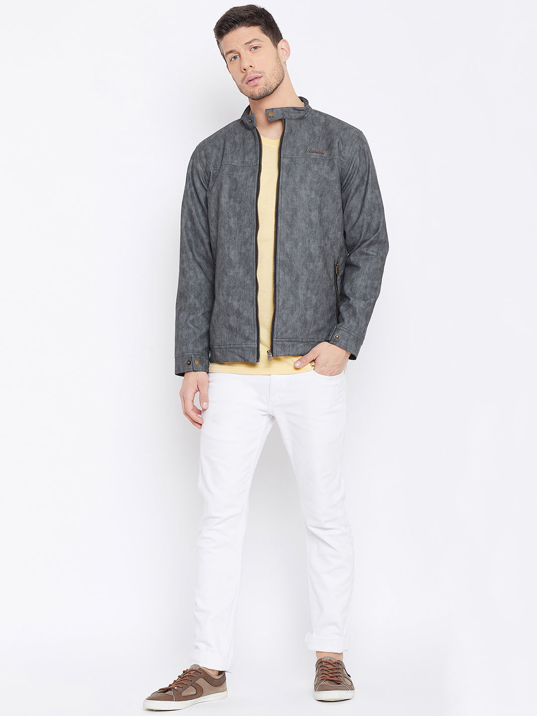 JUMP USA Men Grey Solid Casual Leather Jacket - JUMP USA