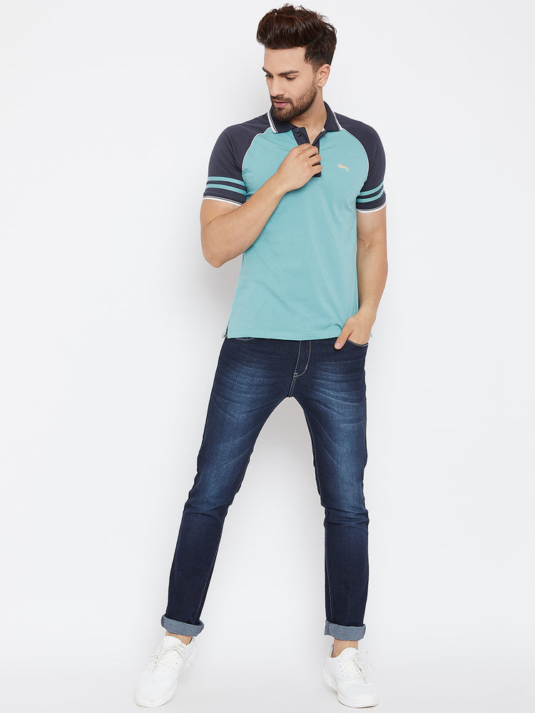 JUMP USA Men Blue Solid Polo Collar T-Shirt - JUMP USA