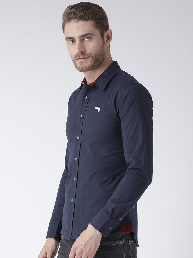 Men Navy Blue Solid Cotton Regular Fit Shirt - JUMP USA