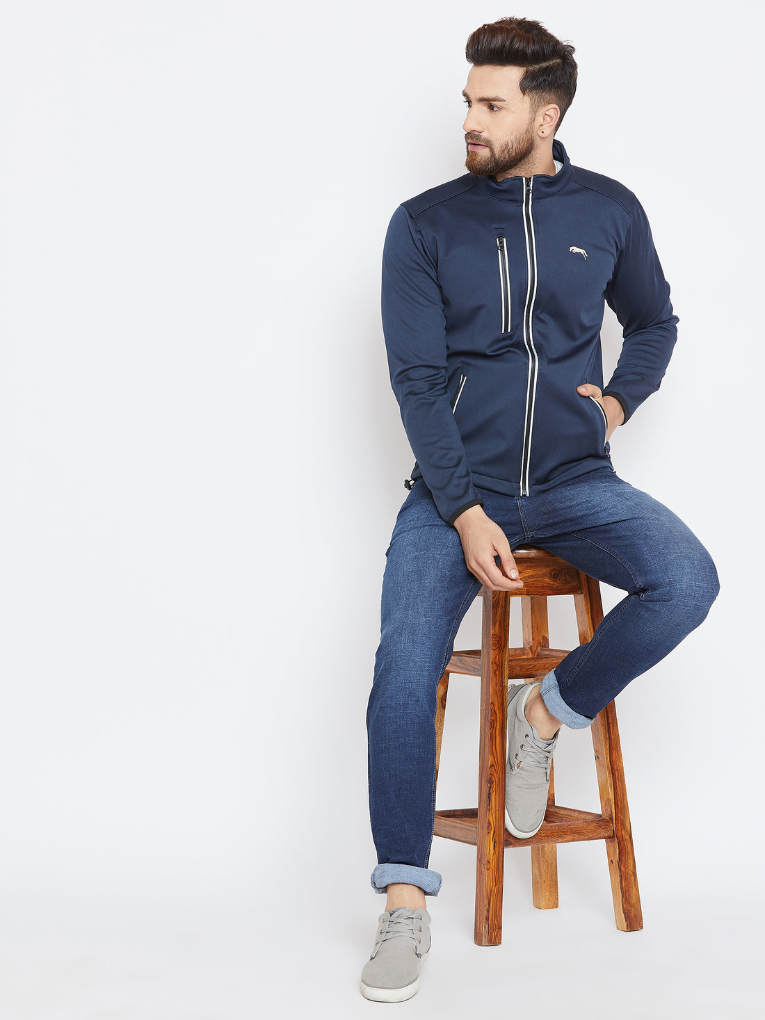 Men Navy Blue Solid Sporty Jacket - JUMP USA