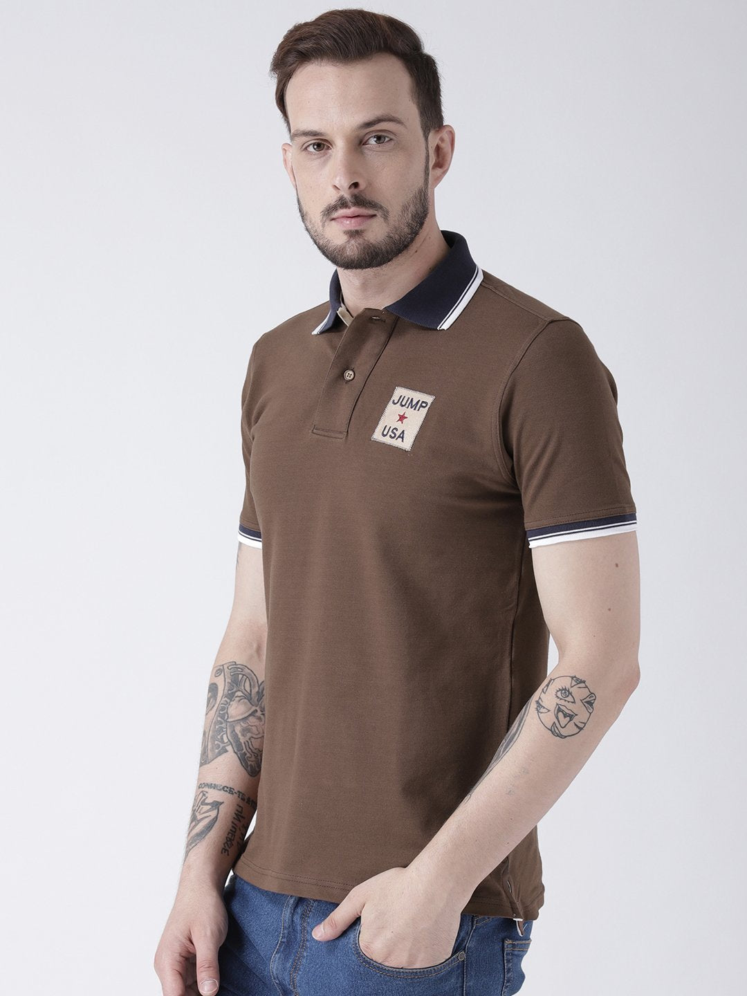Men Brown Solid Polo T-shirt - JUMP USA