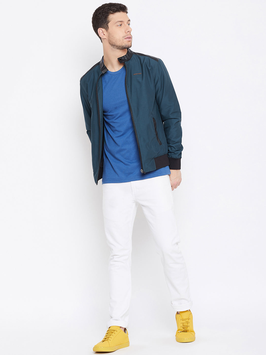 JUMP USA Men Teal Solid Casual Bomber Jacket - JUMP USA