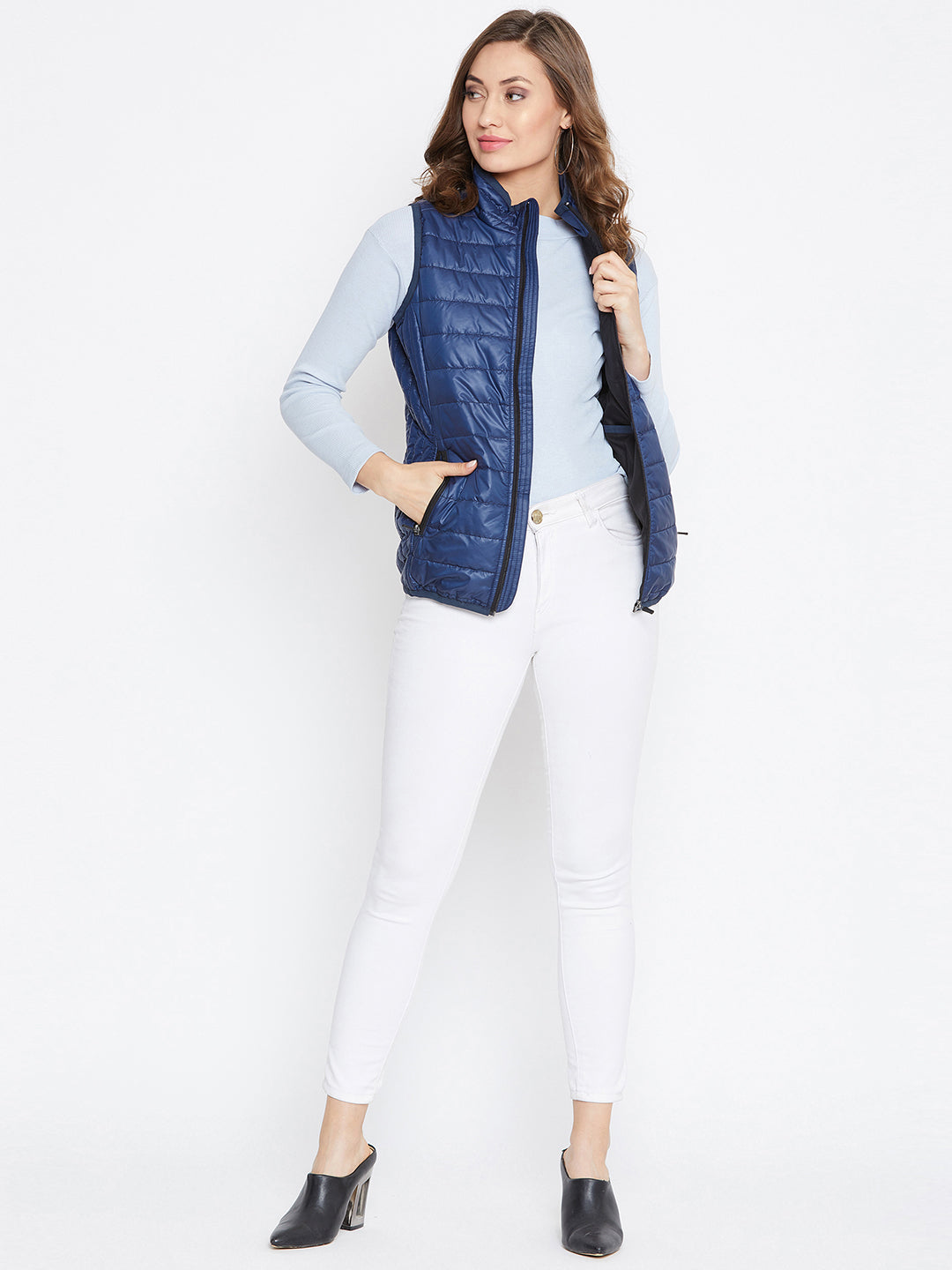 JUMP USA Women Blue Sleevless Solid Bomber Jacket - JUMP USA