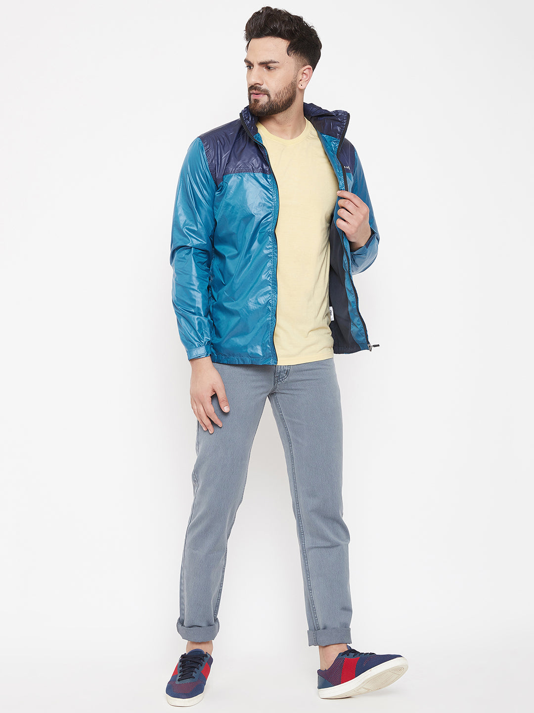 JUMP USA Men Navy Blue Colourblocked Rain Jacket - JUMP USA