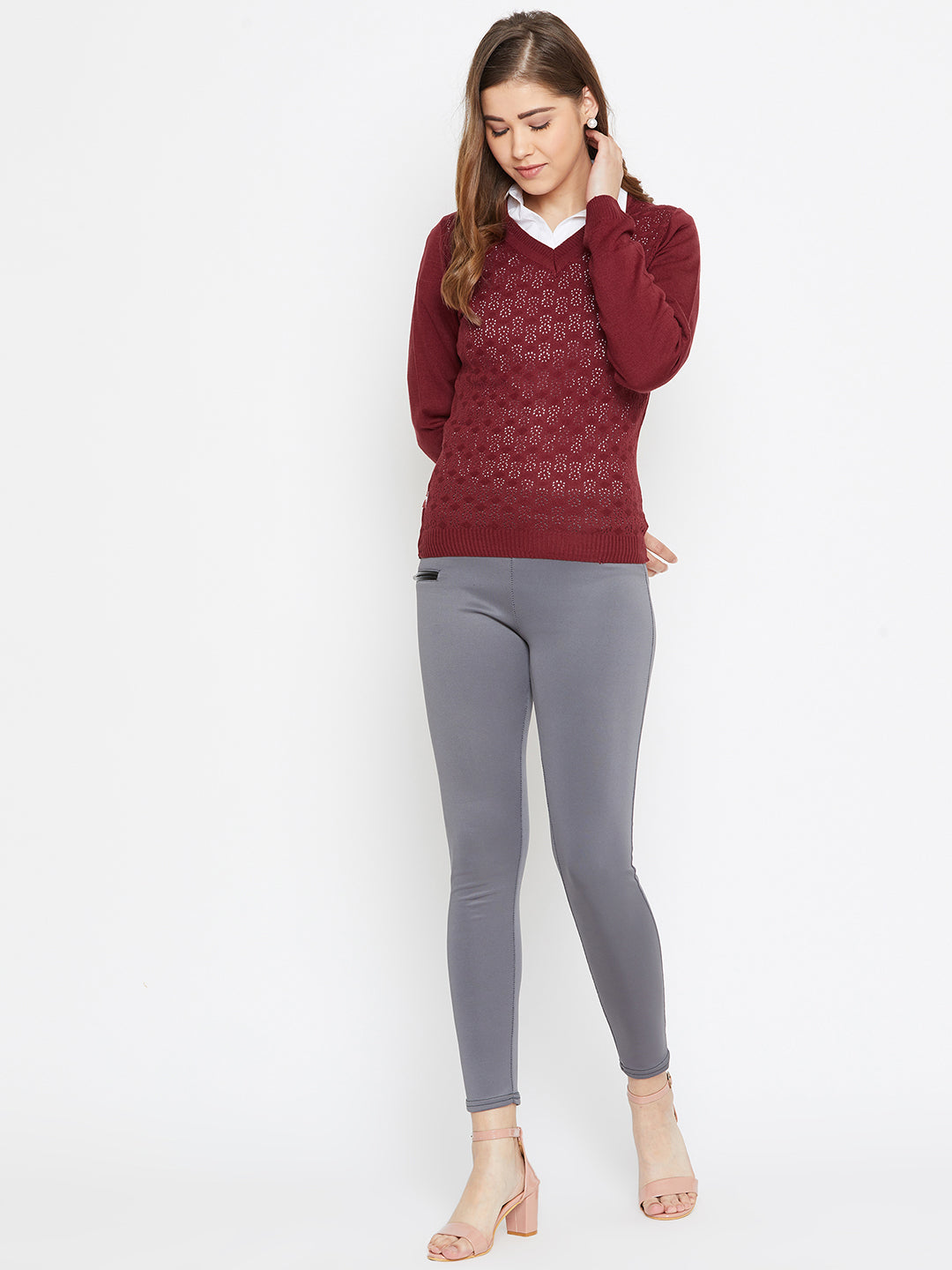 JUMP USA Women Red Self Design Sweater - JUMP USA