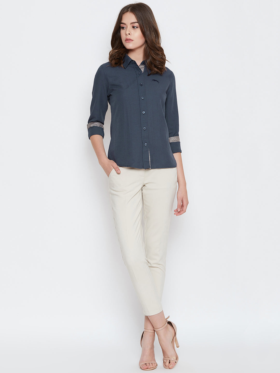 Women Navy Blue Solid Casual Slim Fit Shirt - JUMP USA