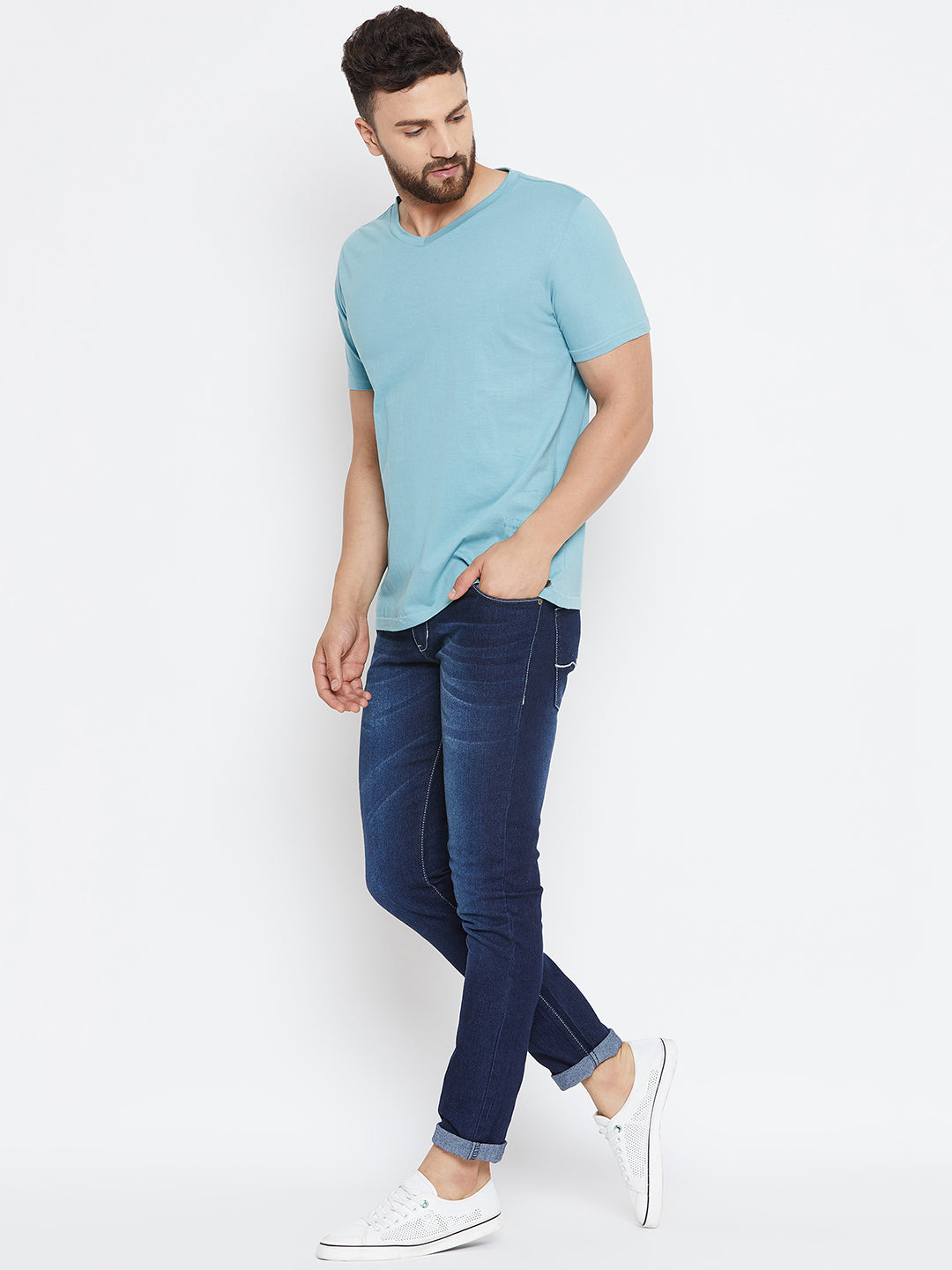 Men Blue Solid V Neck T-shirt - JUMP USA