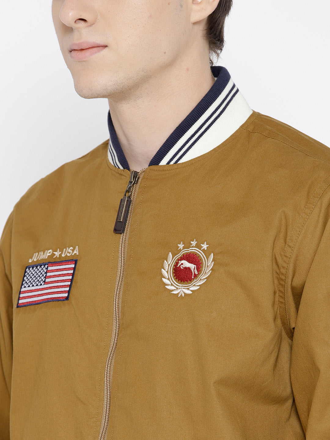 Men Khaki Solid Bomber Jacket - JUMP USA