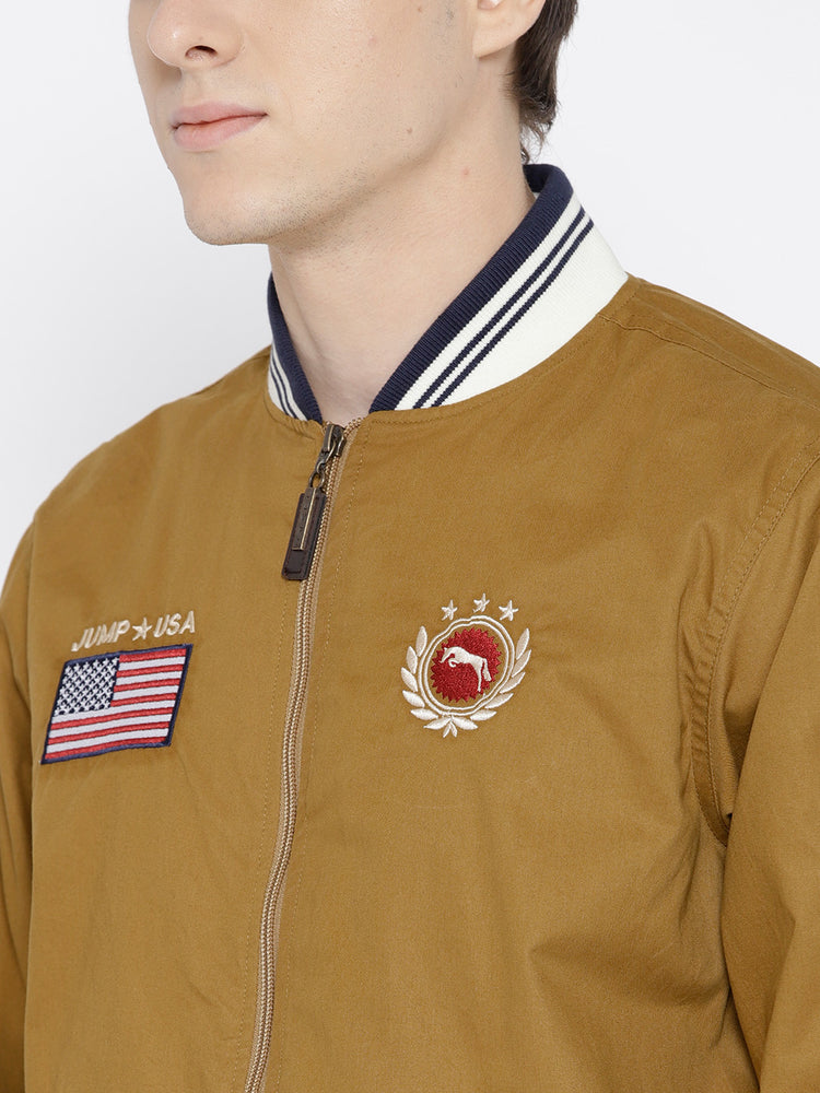 Men Khaki Solid Bomber Jacket - JUMP USA
