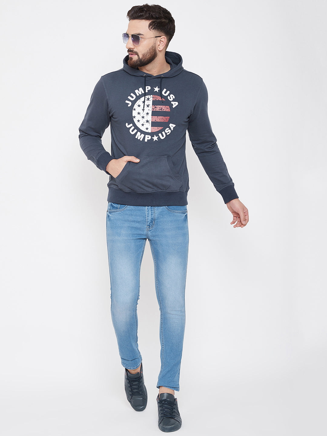 JUMP USA Men Navy Blue Self Design Hooded Sweatshirt - JUMP USA