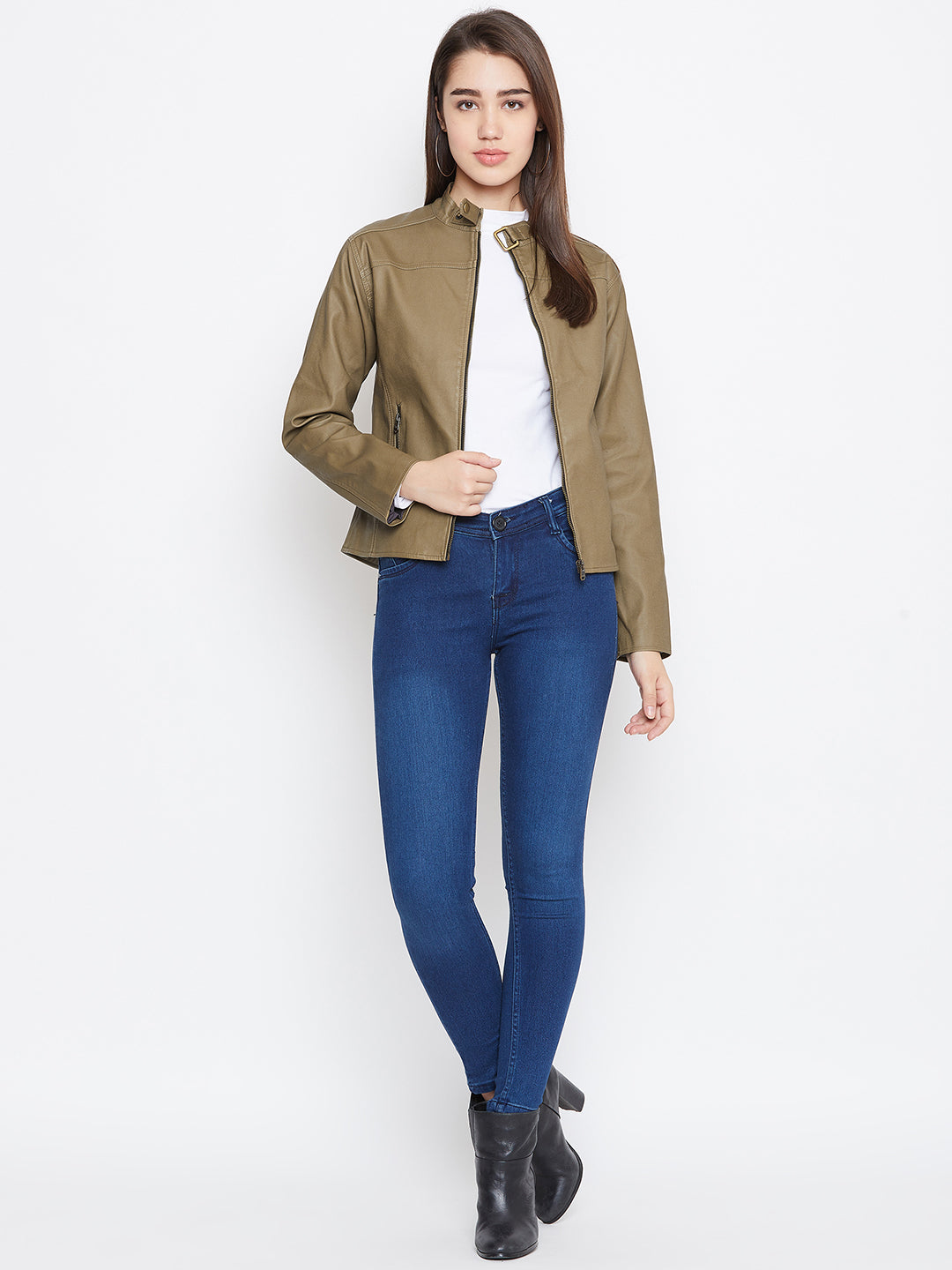 JUMP USA Women Khaki Solid Biker Jacket - JUMP USA