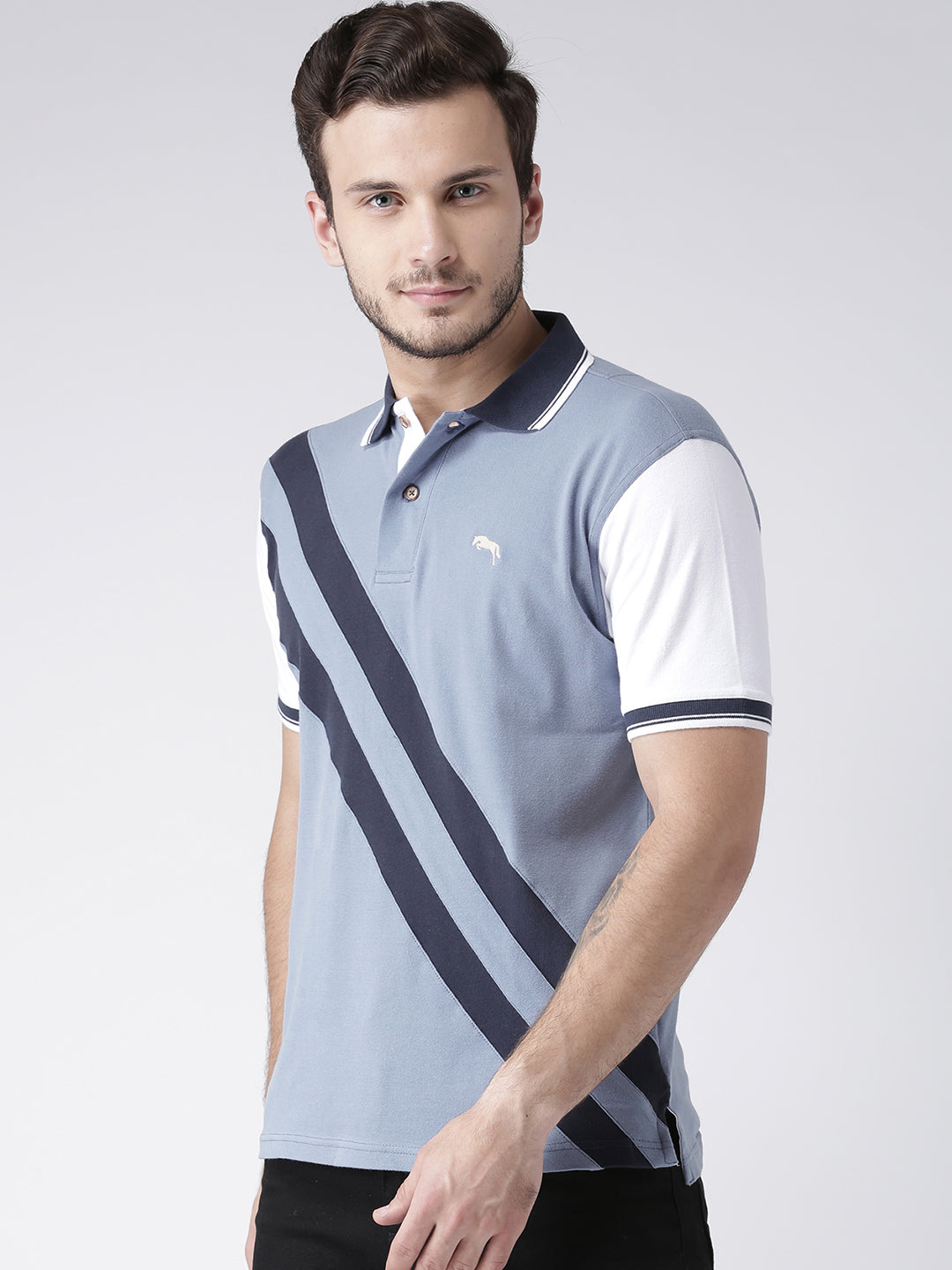 Men Casual Solid Blue Polo Collar T-Shirt - JUMP USA
