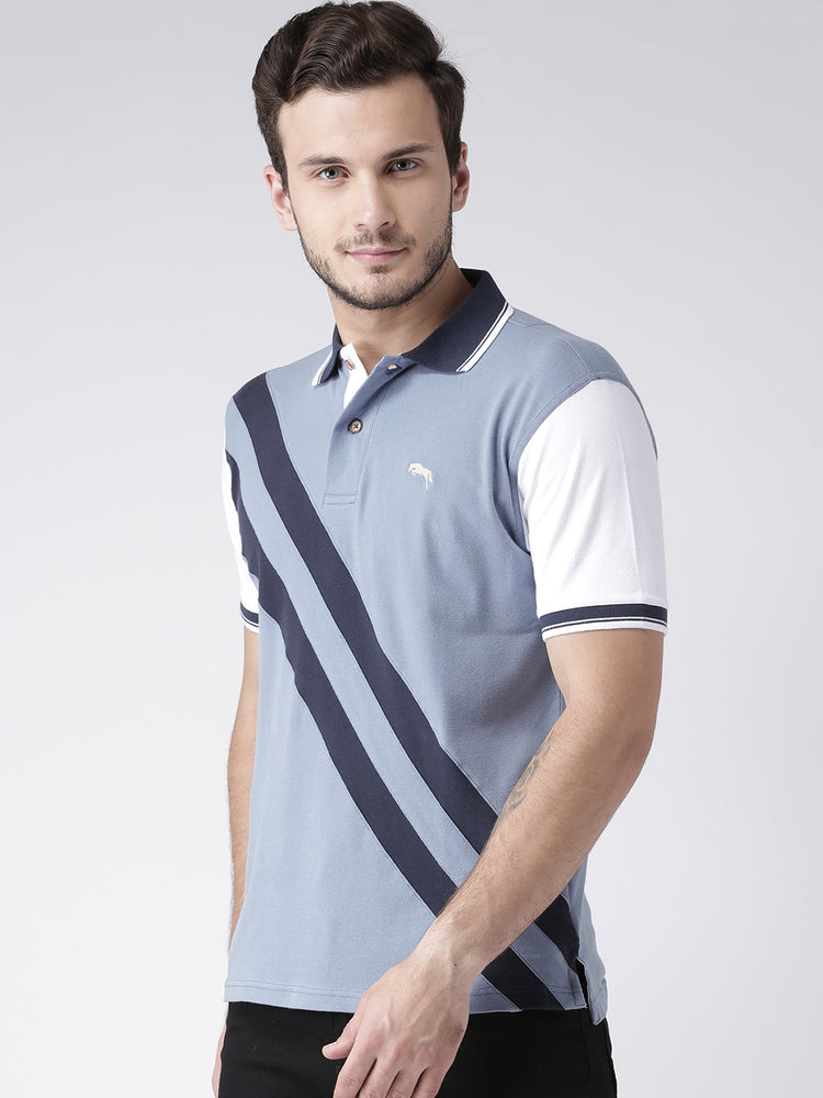 Men Casual Solid Blue Polo Collar T-Shirt - JUMP USA