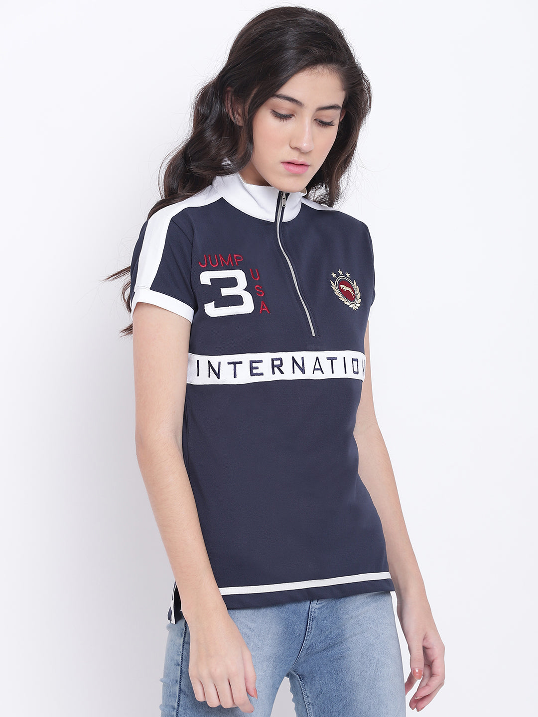 Women Navy Blue Casual Polo Collar T-Shirt - JUMP USA