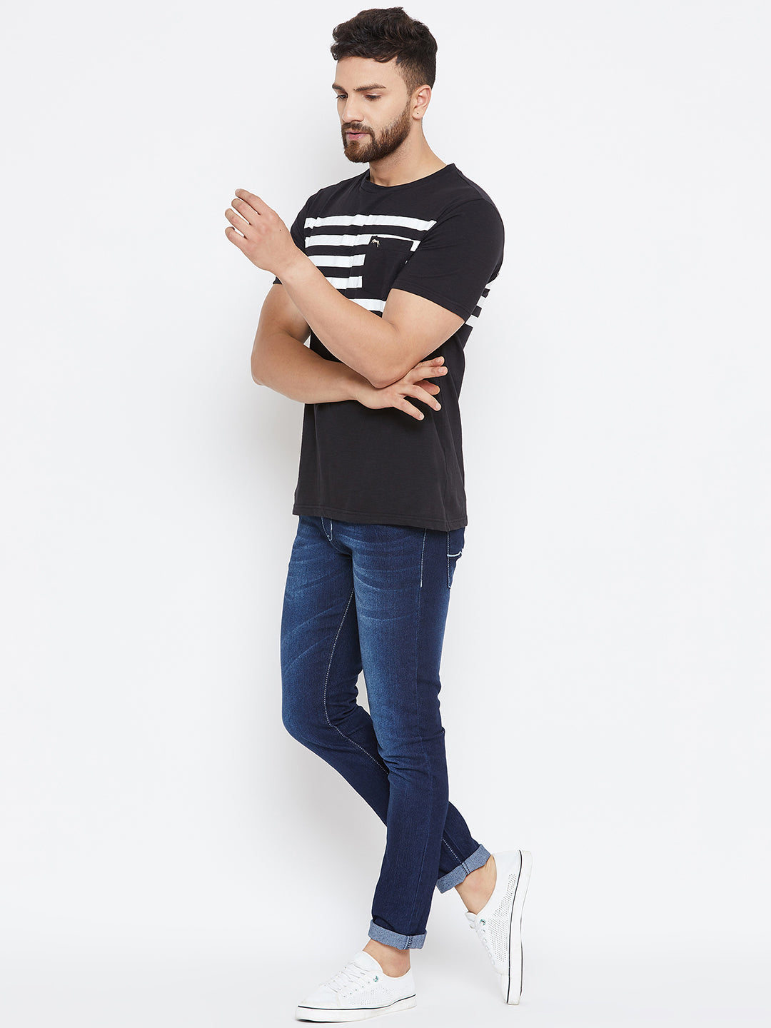 Men Black Striped Round Neck T-shirt - JUMP USA