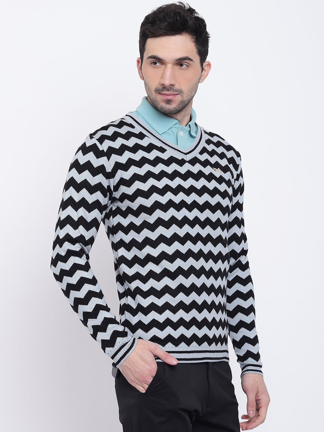 Men Casual Colourblocked Blue Sweaters - JUMP USA