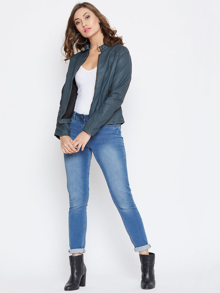 JUMP USA Women Olive Solid Casual Leather Jacket - JUMP USA