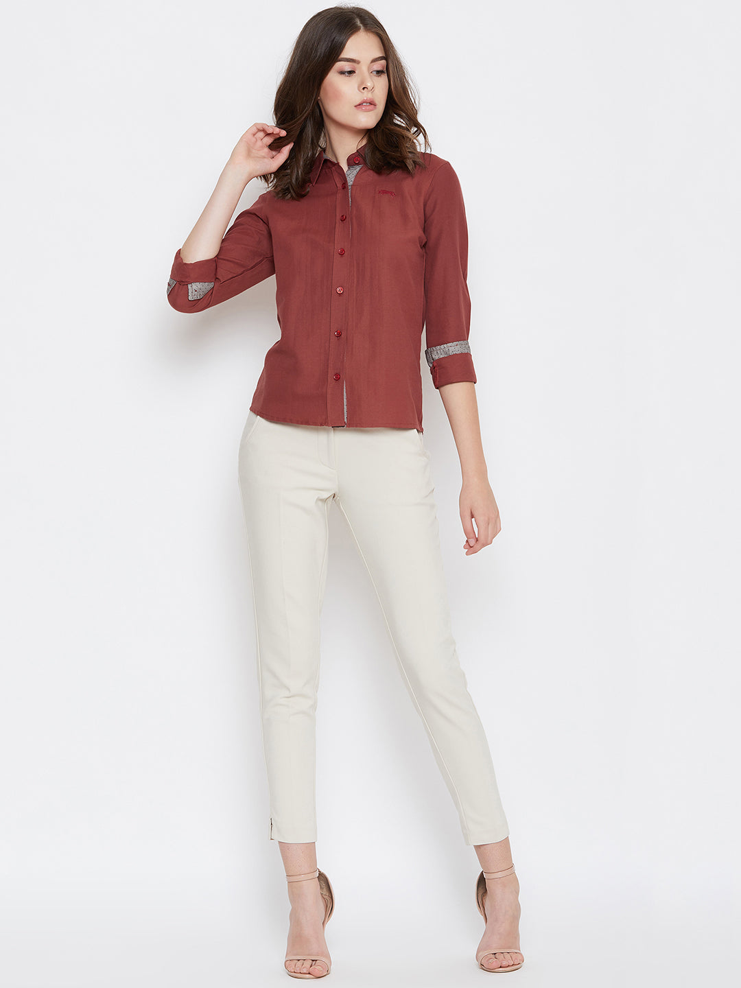 Women Red Solid Casual Slim Fit Shirt - JUMP USA
