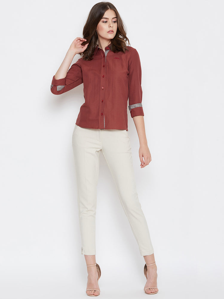 Women Red Solid Casual Slim Fit Shirt - JUMP USA