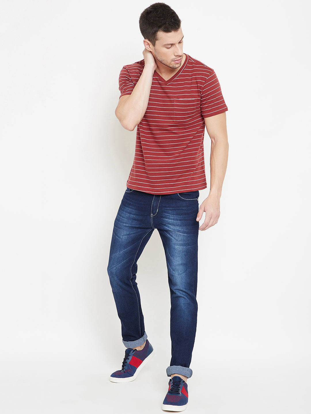 JUMP USA Men Red Striped V-neck T-shirt - JUMP USA