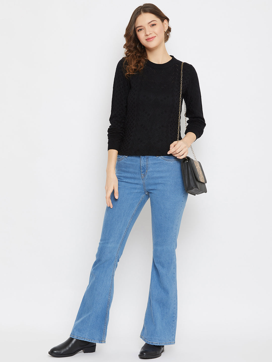 JUMP USA Women Black Self Design Sweater