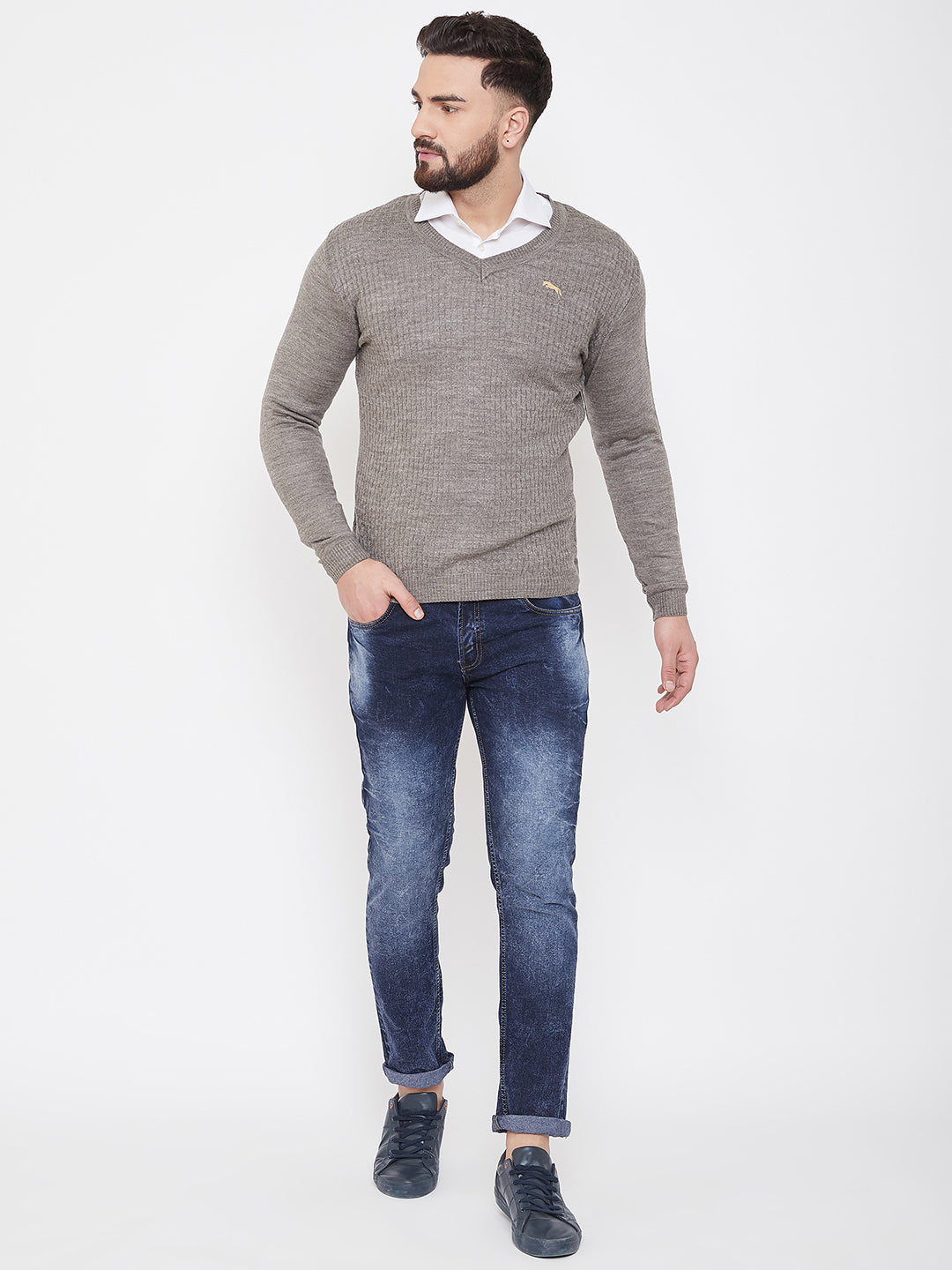 JUMP USA Men Beige Self Design Sweater - JUMP USA