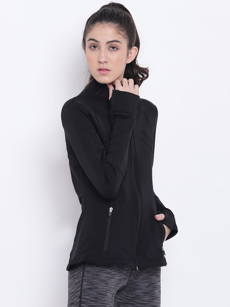 Women Black Sports Sporty Jacket - JUMP USA