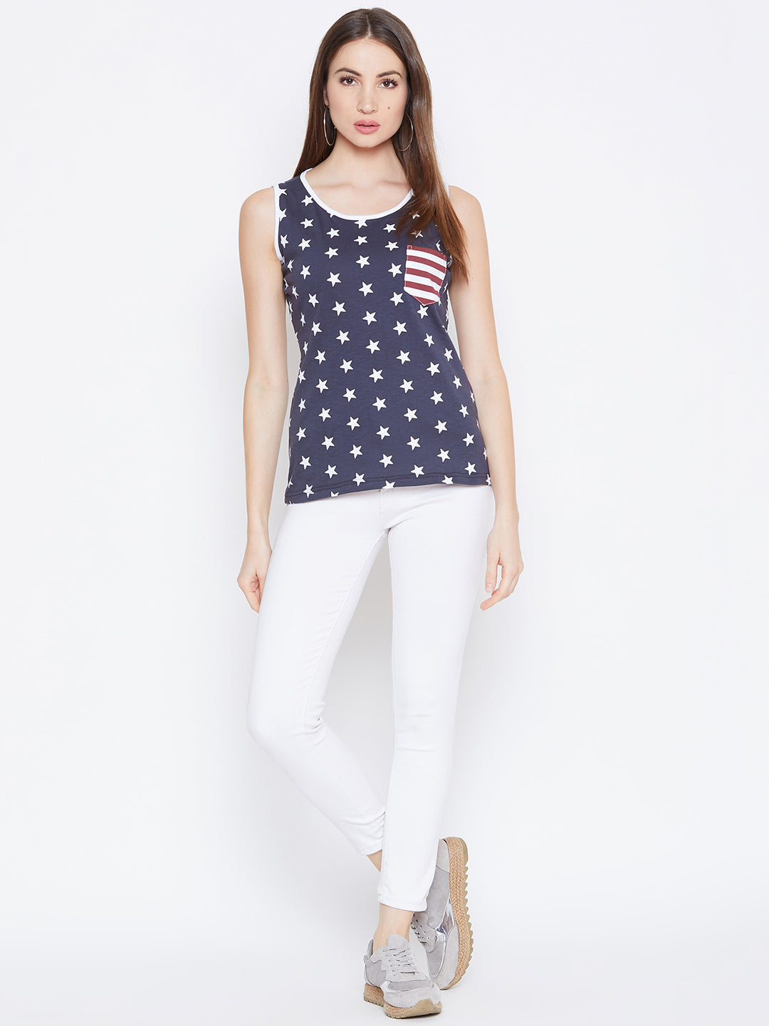 JUMP USA Women Navy Blue Printed Casual Printed Tank Top - JUMP USA
