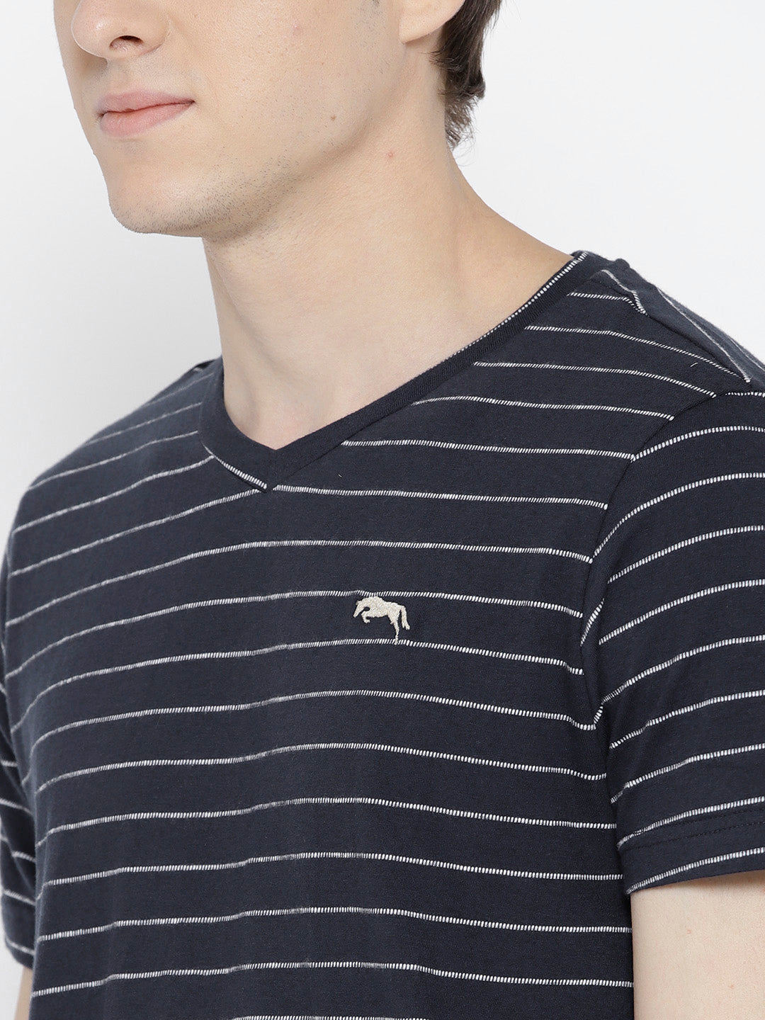 Men Navy Blue Striped V-Neck T-shirt - JUMP USA