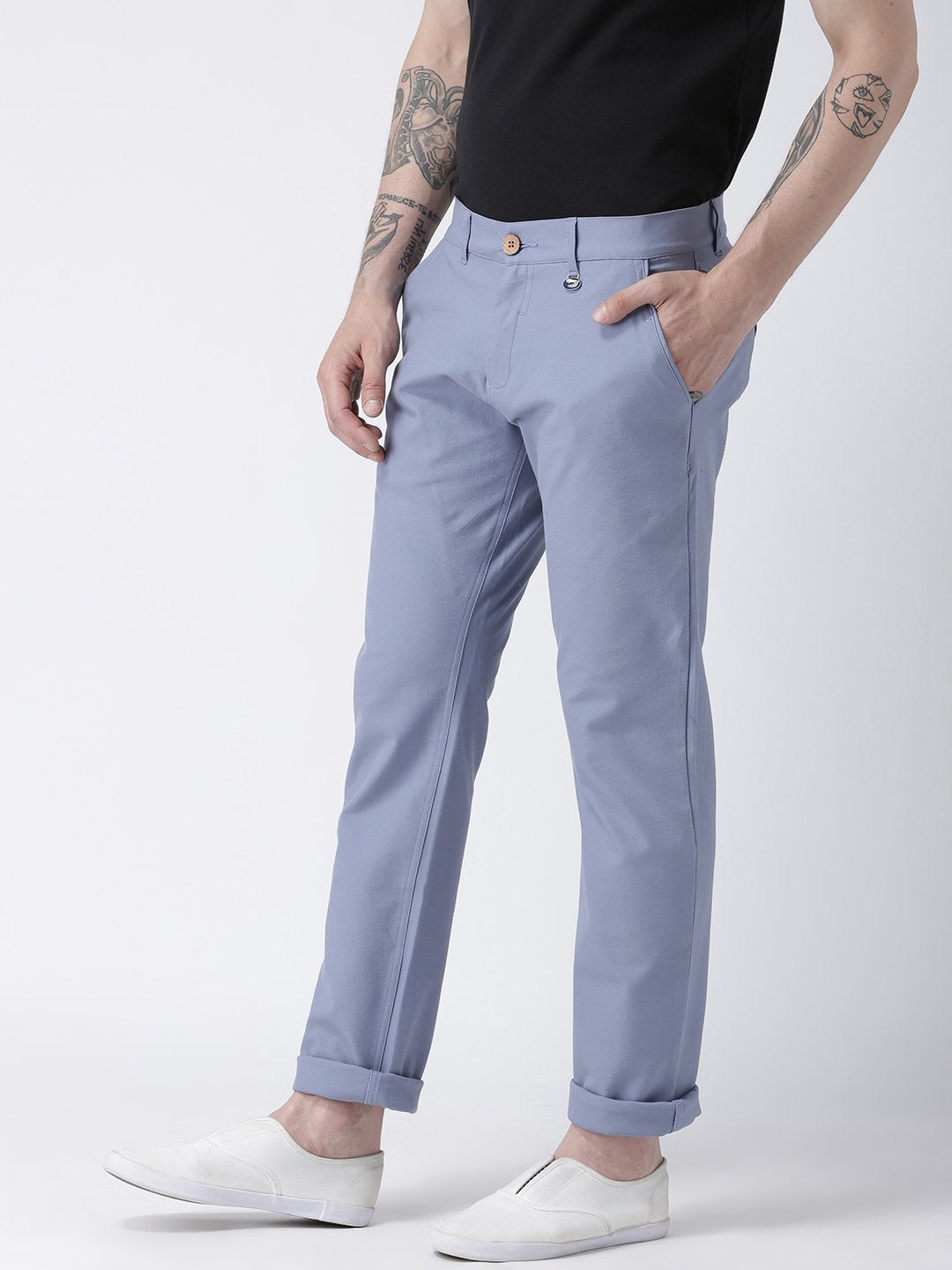 Men Blue Slim Fit Solid Chinos - JUMP USA