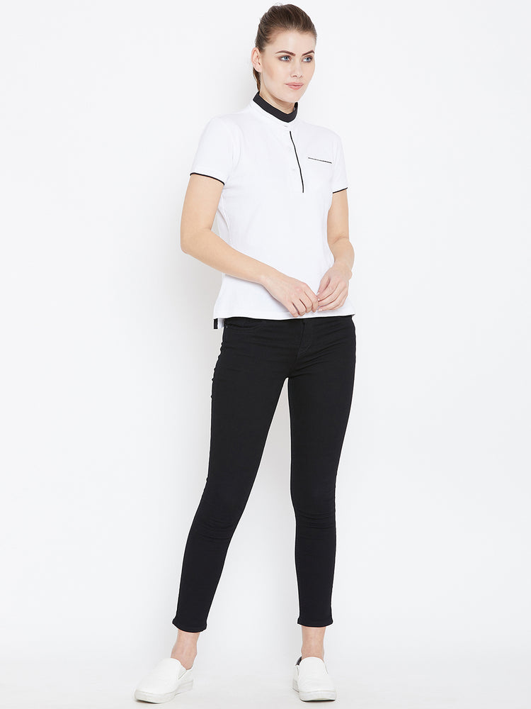 Women White Solid Casual Polo T-shirts - JUMP USA