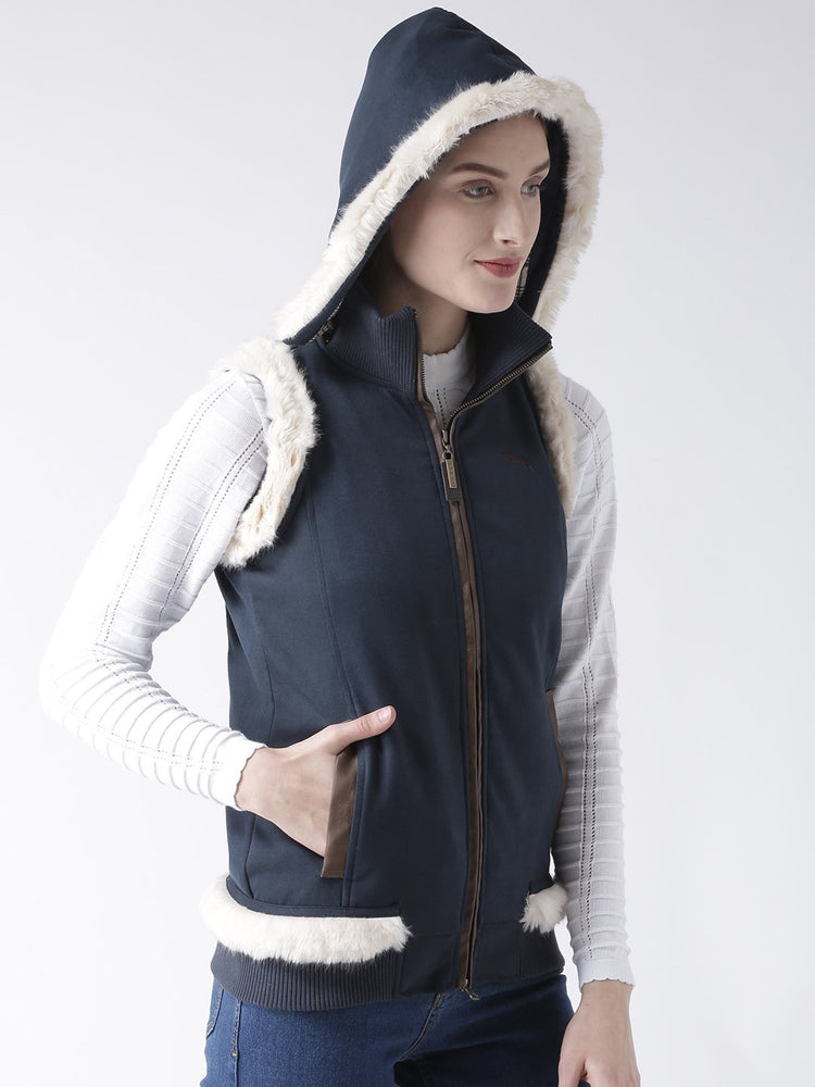 Women Polyster Casual Sleeveless Navy Winter Jacket - JUMP USA (1568776388650)