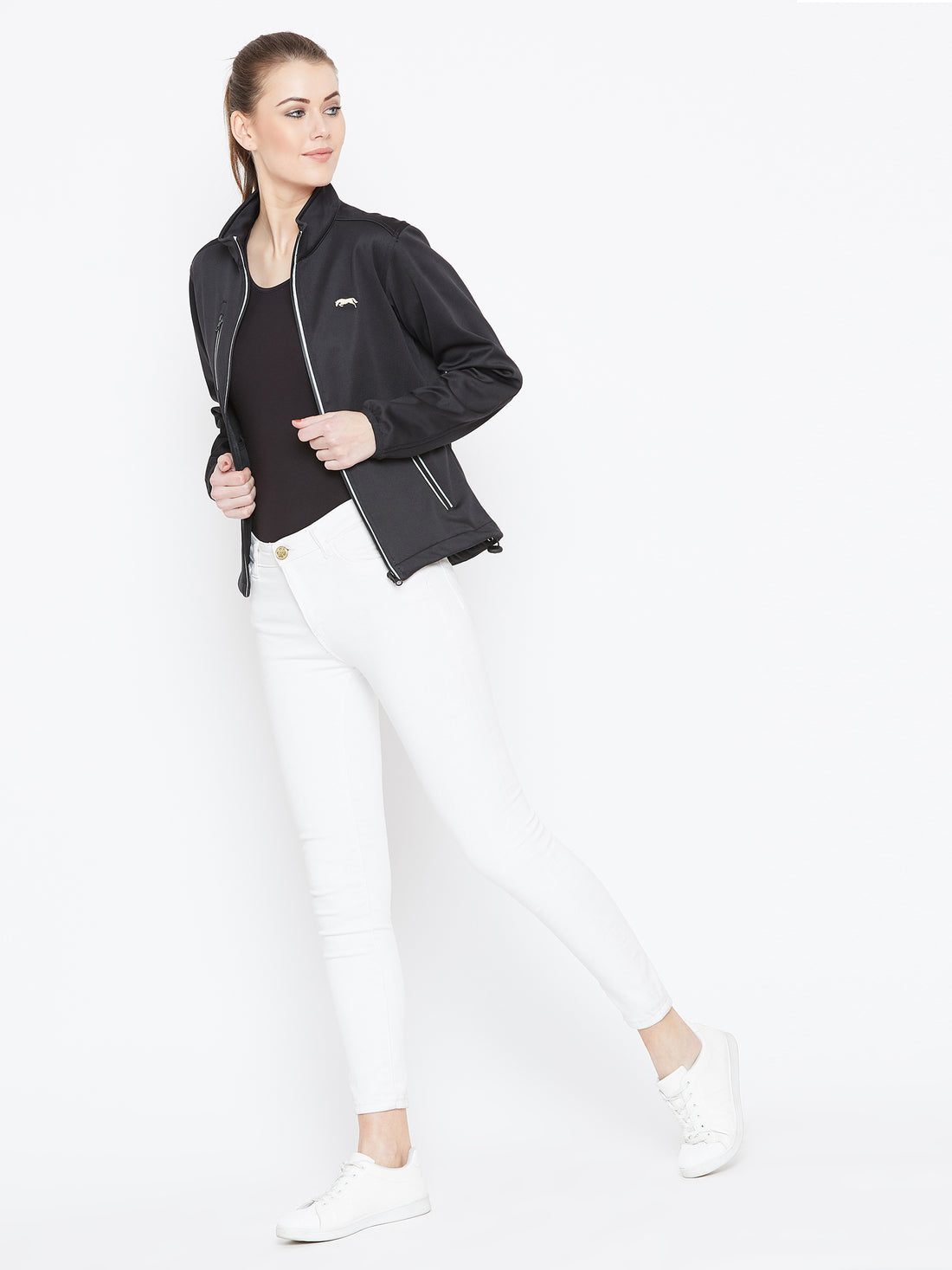 Women Black Solid Sporty Jacket - JUMP USA