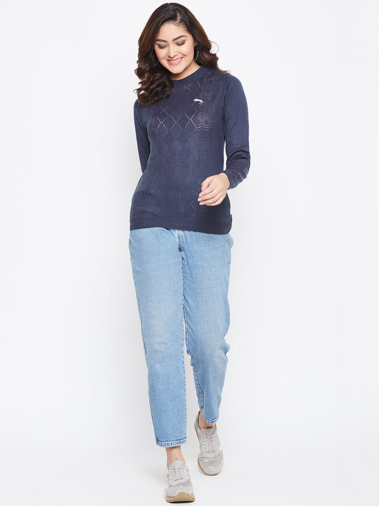 JUMP USA Women Navy Blue Self Design Sweater - JUMP USA