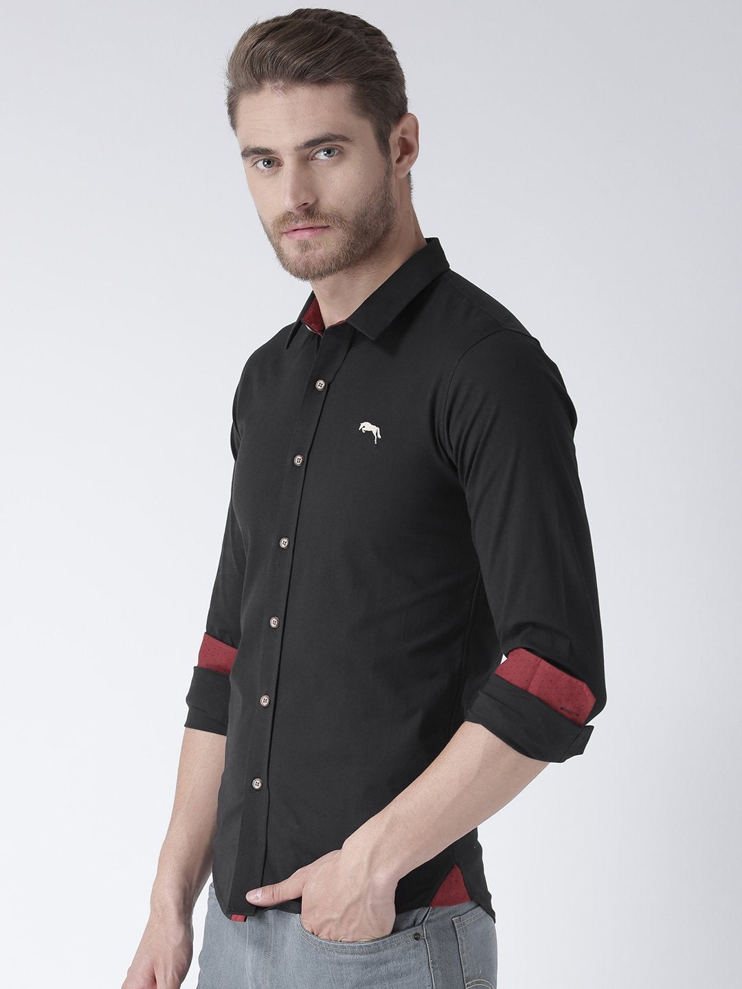 Men Black Solid Cotton Regular Fit Shirt - JUMP USA
