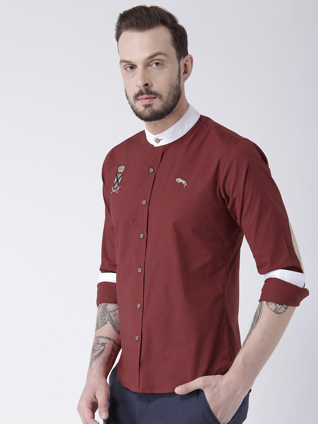 Men Red Solid Cotton Slim Fit Shirt - JUMP USA