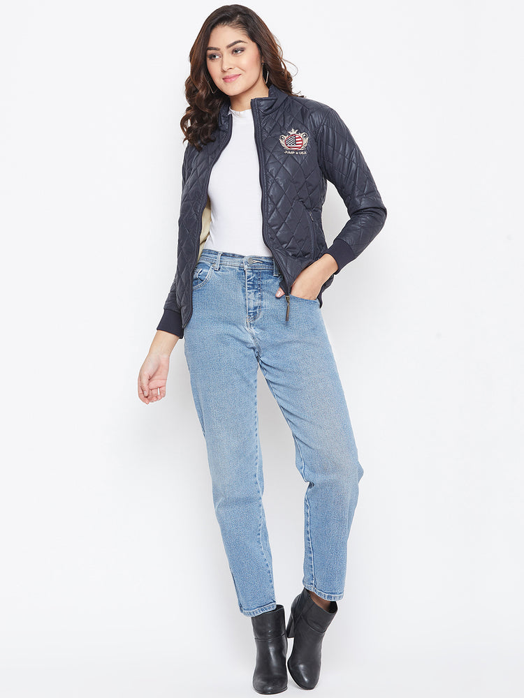 JUMP USA Women Navy Blue Self Design Jacket - JUMP USA