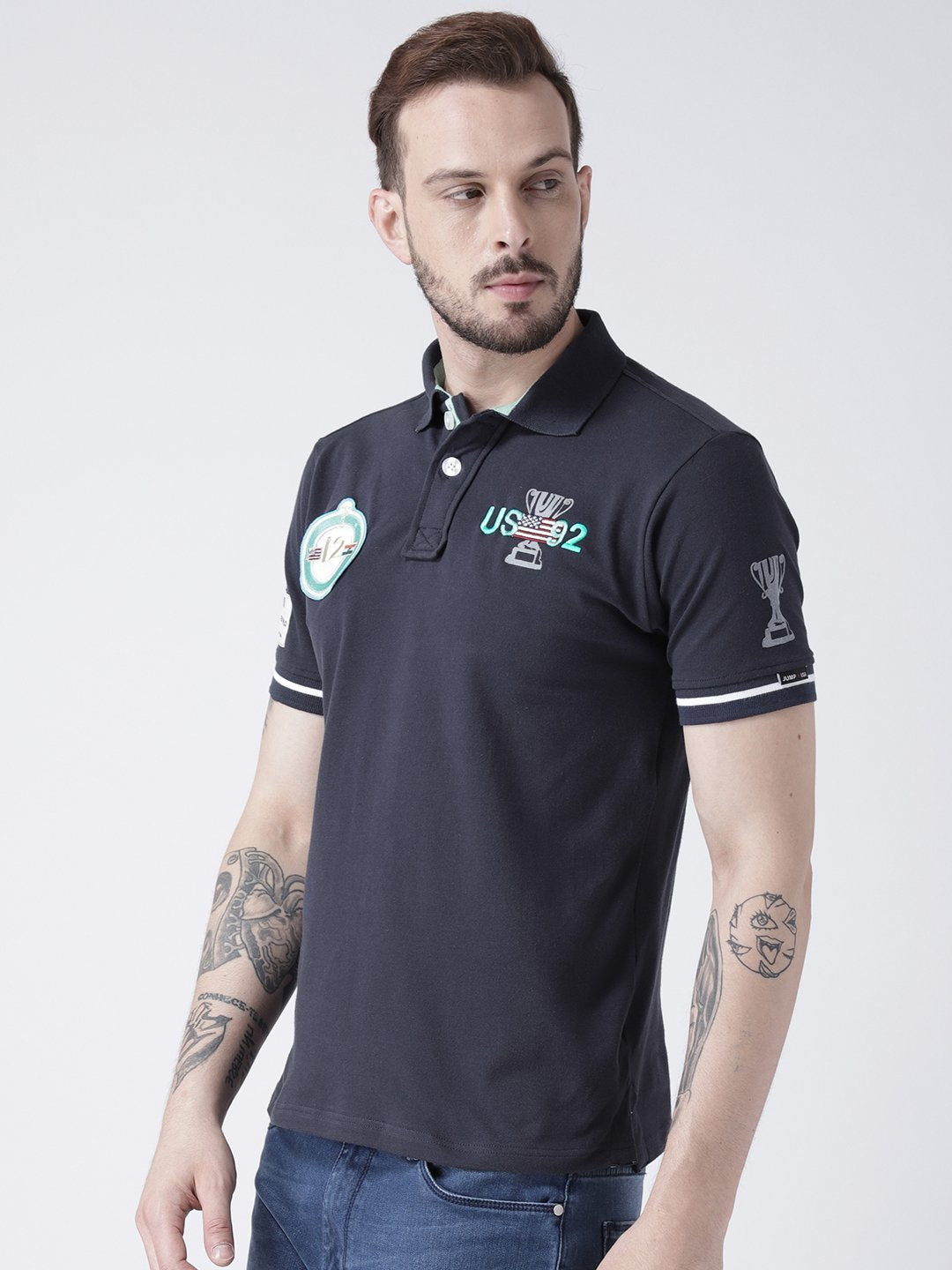 Men Navy Blue Solid Polo T-shirt - JUMP USA