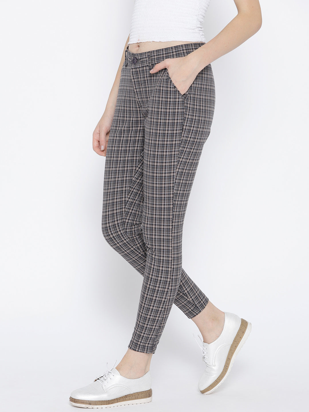 Women Grey Checked Regular Trousers - JUMP USA