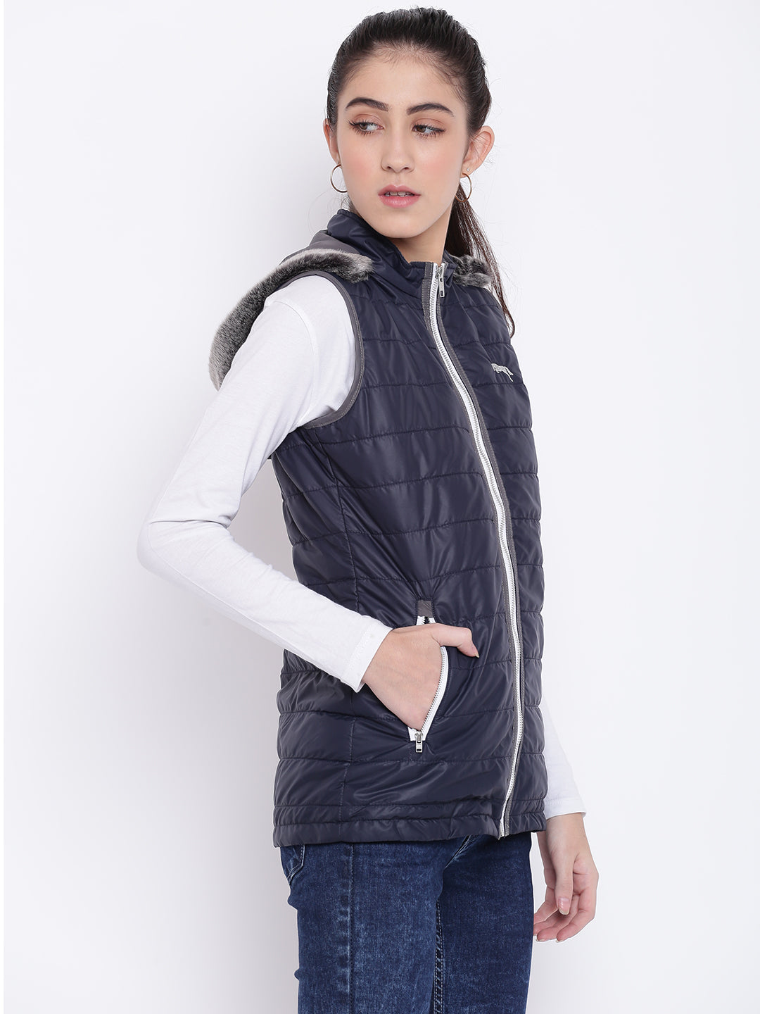 Women Navy Blue Casual Quilted Jacket - JUMP USA