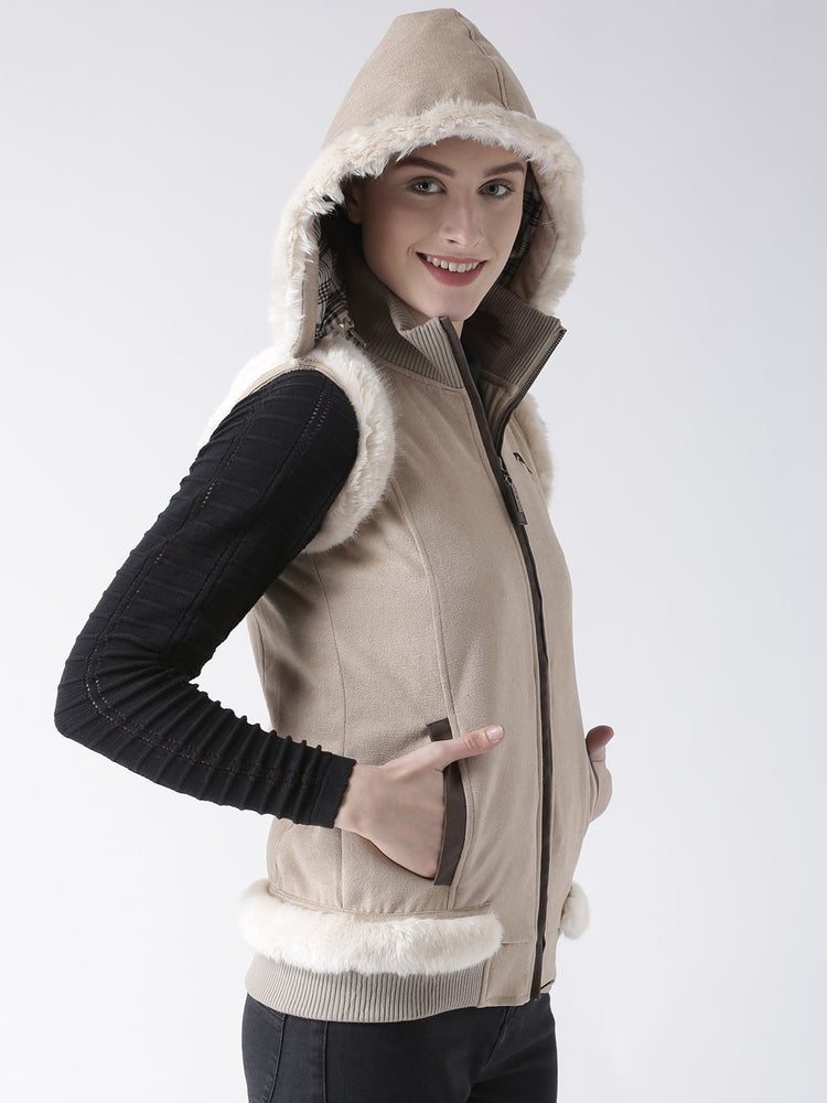 Women Polyster Casual Sleeveless Beige Winter Jacket - JUMP USA (1568776421418)