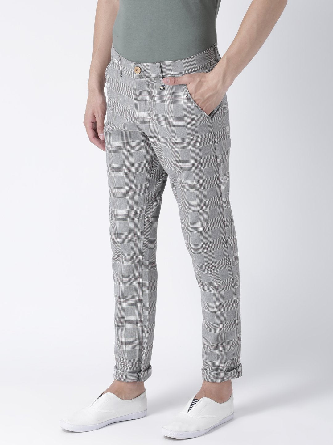 Men Grey Melange Slim Fit Checked Chinos - JUMP USA