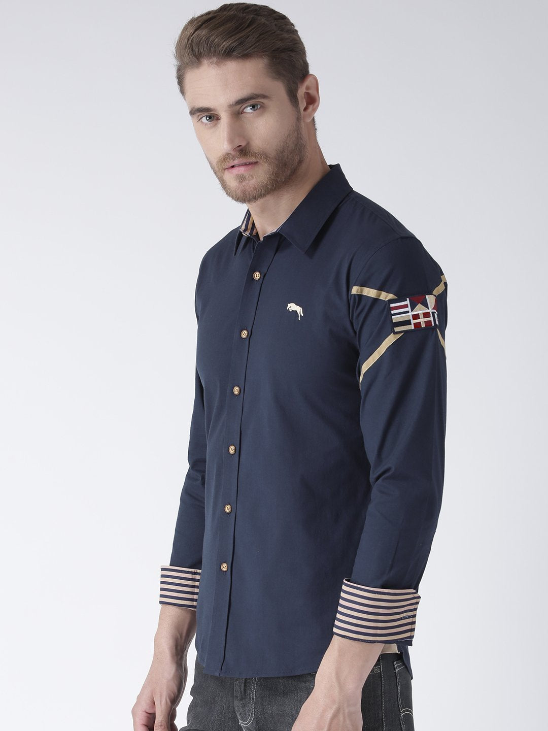 Men Navy Blue Solid Cotton Regular Fit Shirt - JUMP USA