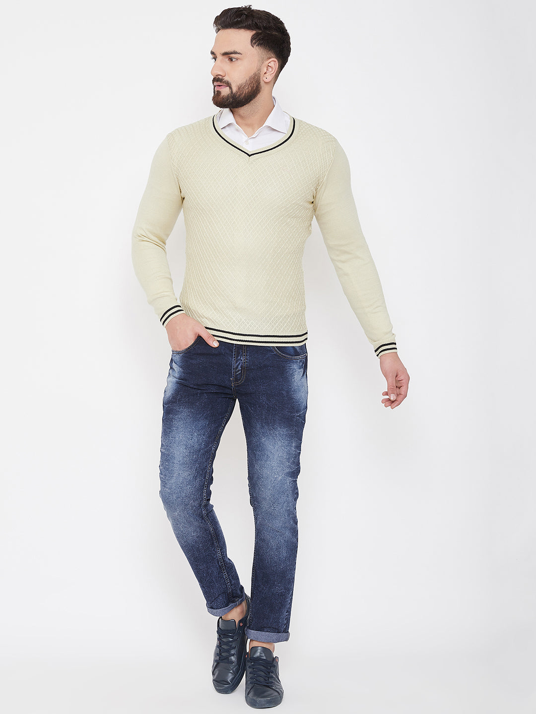 JUMP USA Men Butter Self Design Sweater - JUMP USA