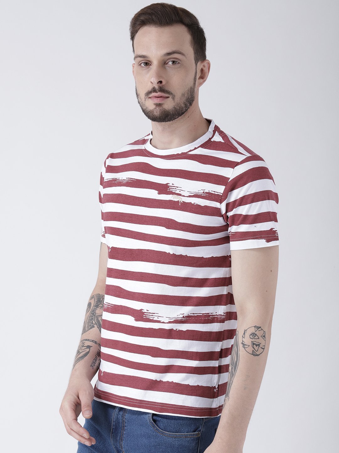 Men White Striped Round Neck T-shirt - JUMP USA